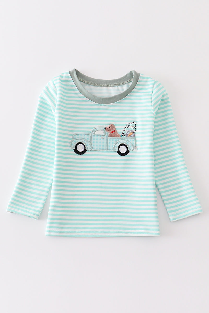 Truck and dog applique stripe boy top