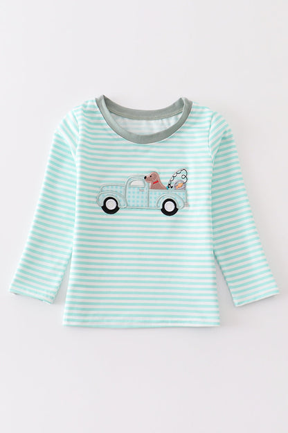 Truck and dog applique stripe boy top