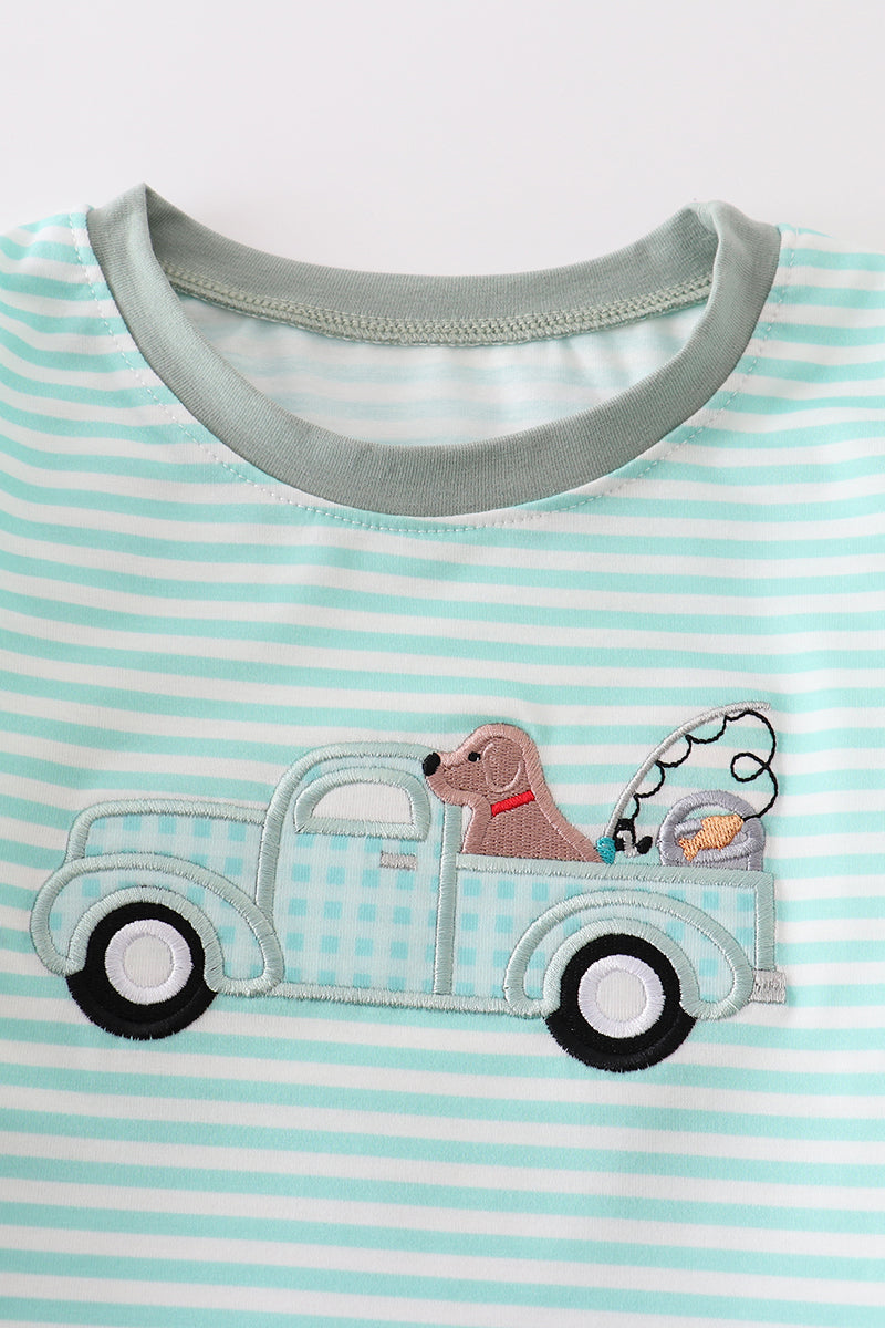 Truck and dog applique stripe boy top
