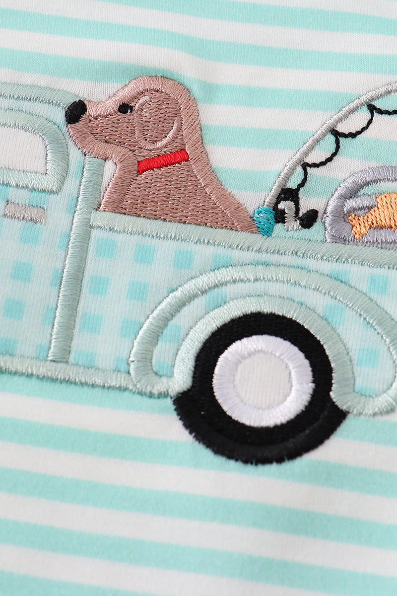 Truck and dog applique stripe boy top