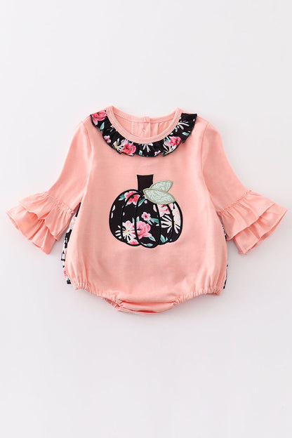 Floral print pumpkin applique girl bubble
