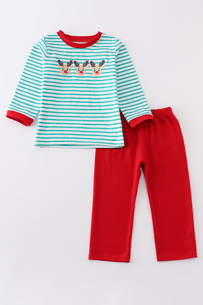 Green stripe christmas deer embroidery boy set