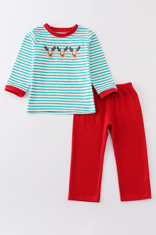 Green stripe christmas deer embroidery boy set