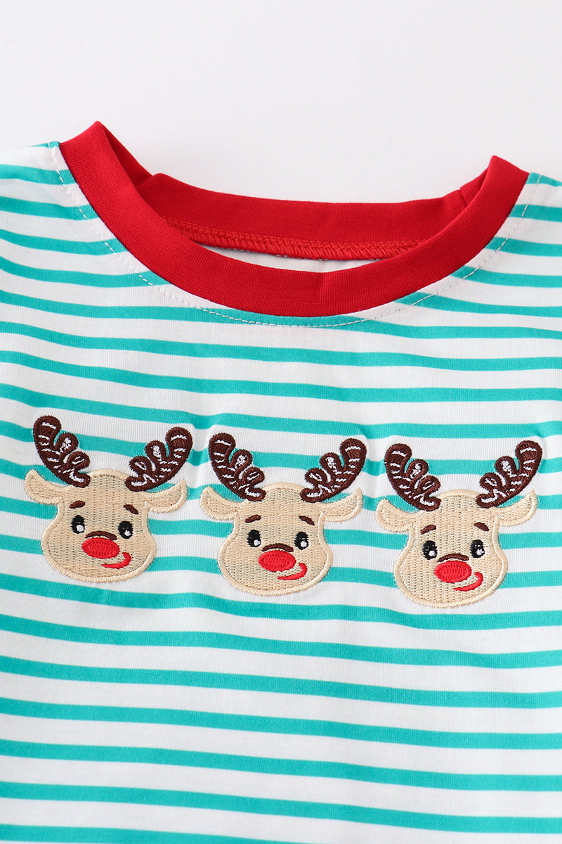Green stripe christmas deer embroidery boy set