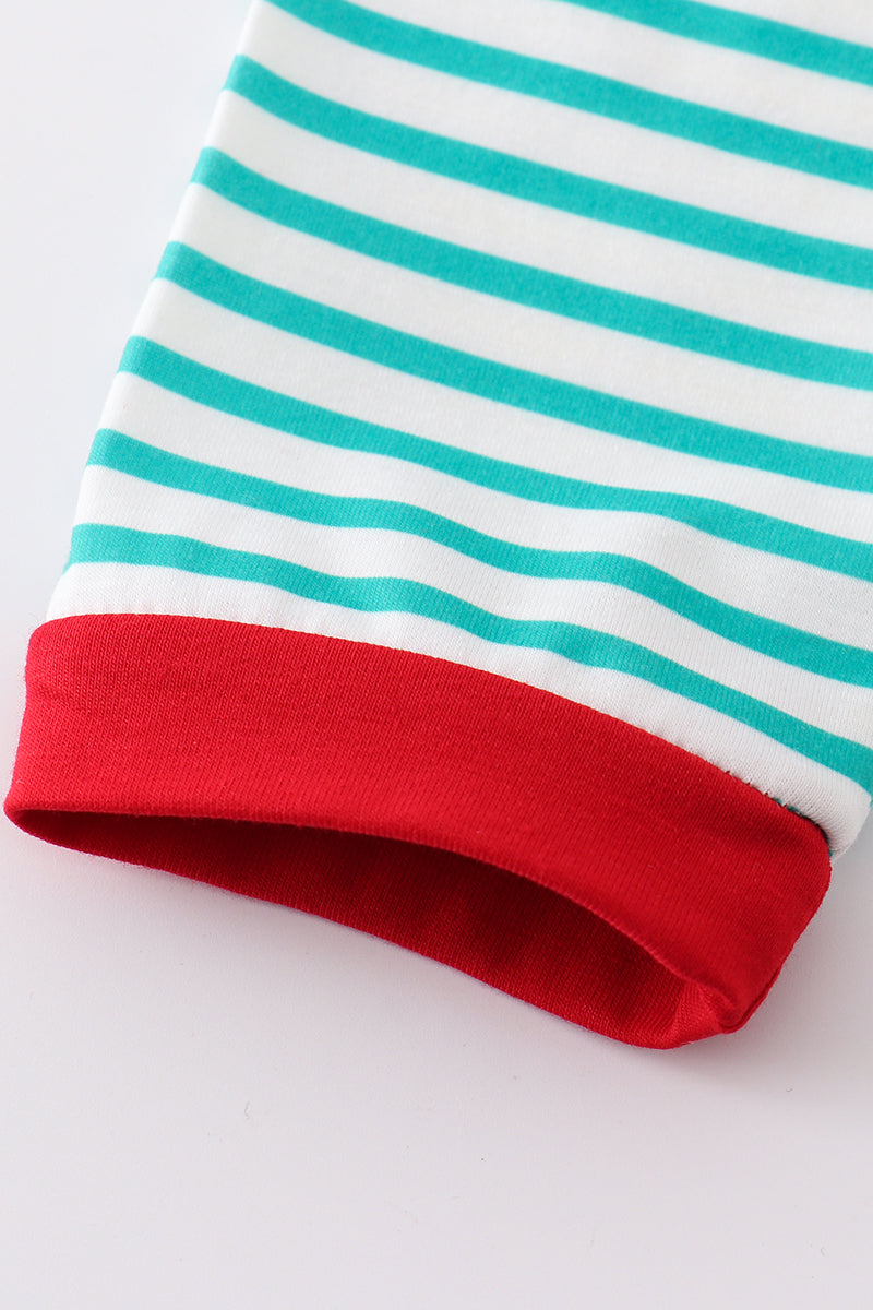 Green stripe christmas deer embroidery boy set