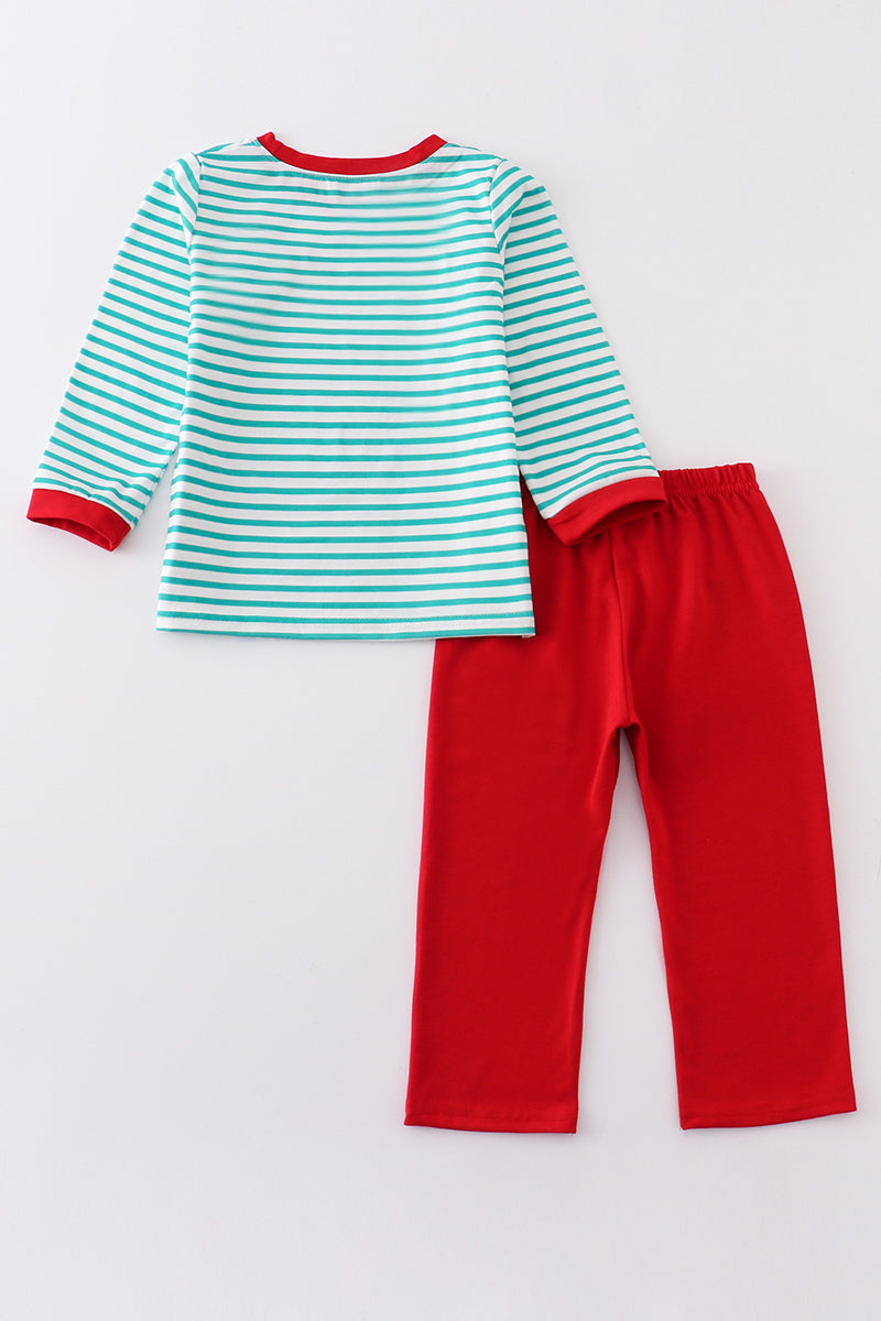 Green stripe christmas deer embroidery boy set