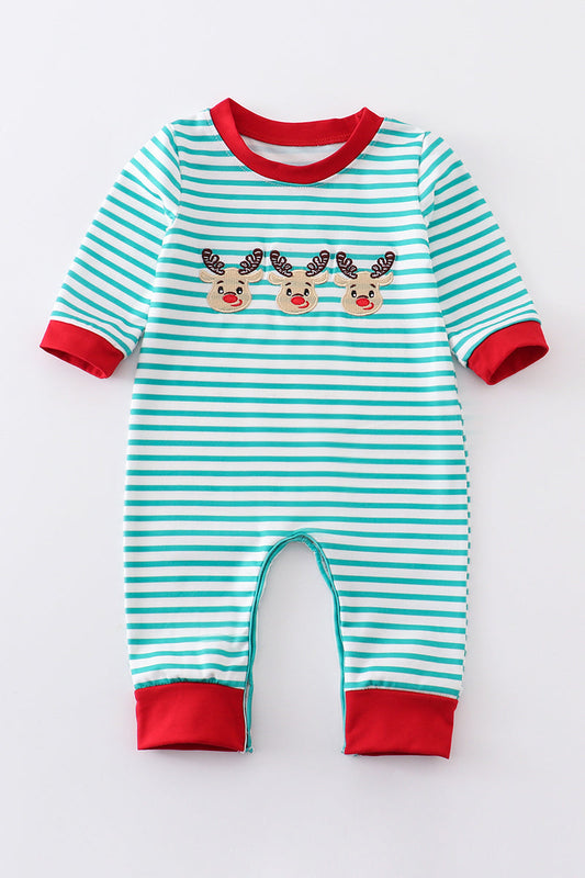 Green stripe christmas deer embroidery boy romper