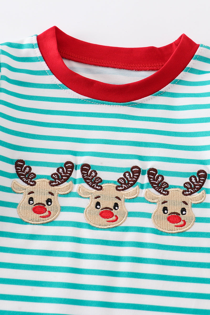Green stripe christmas deer embroidery boy romper