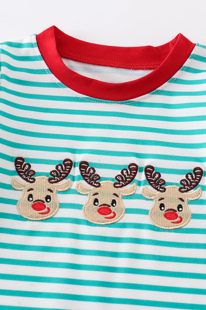 Green stripe christmas deer embroidery boy romper