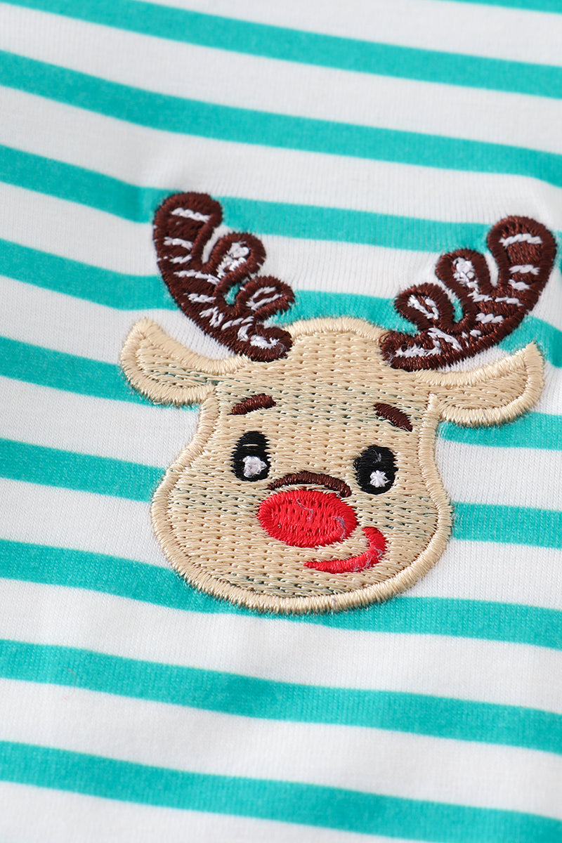 Green stripe christmas deer embroidery boy romper