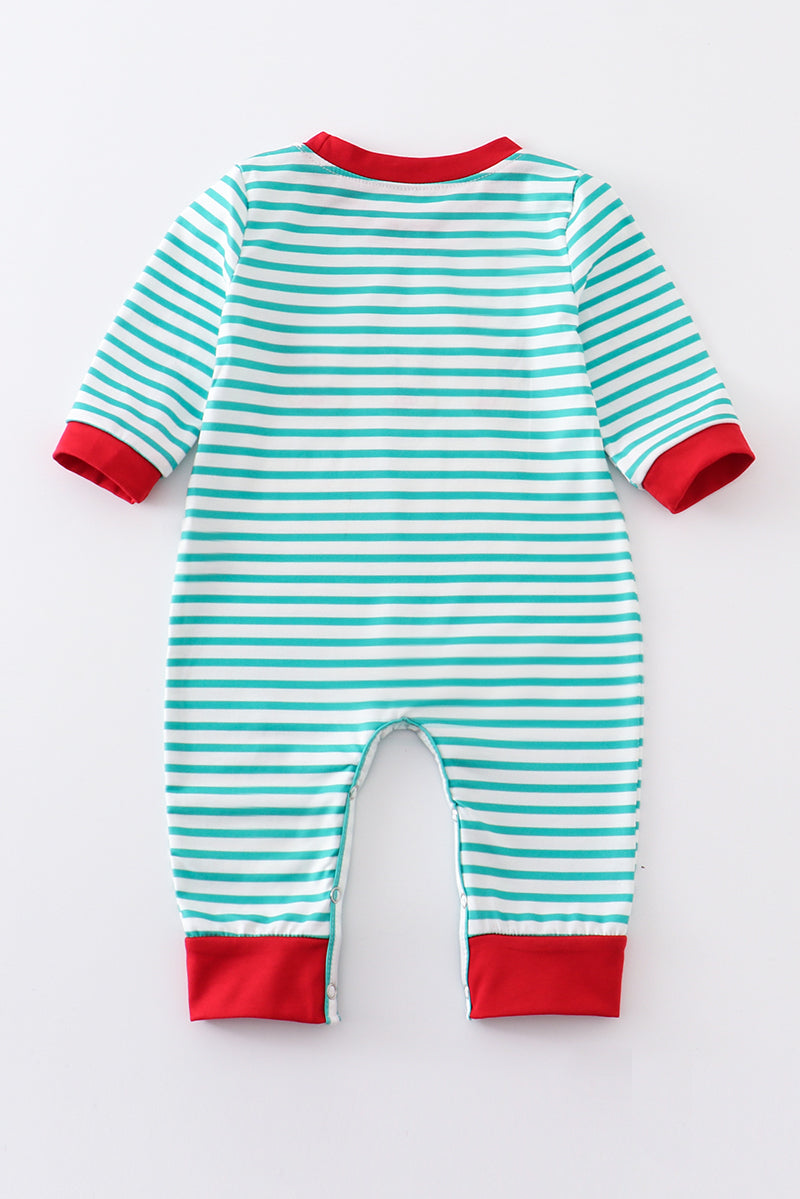 Green stripe christmas deer embroidery boy romper