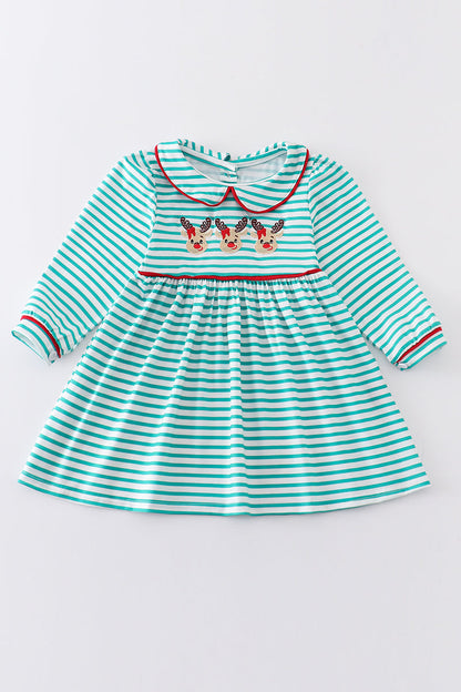 Green stripe christmas deer embroidery dress