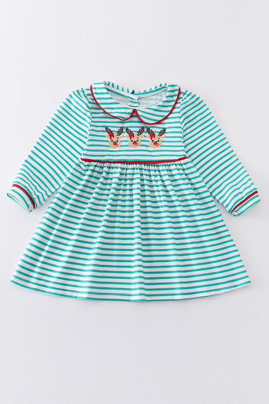 Green stripe christmas deer embroidery dress