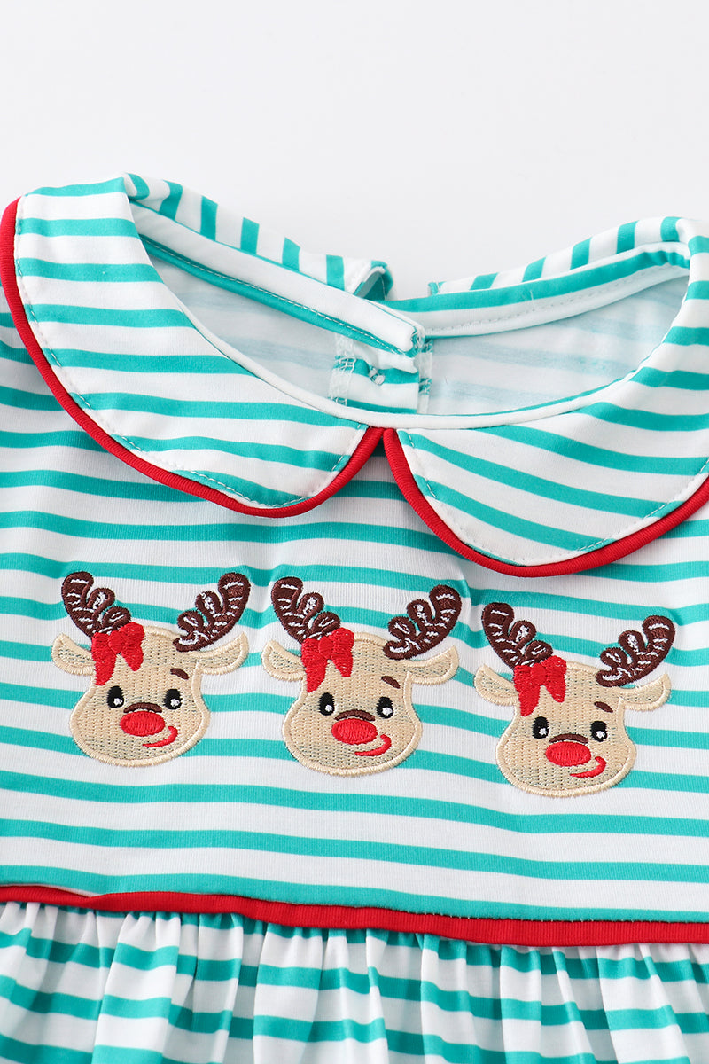 Green stripe christmas deer embroidery dress