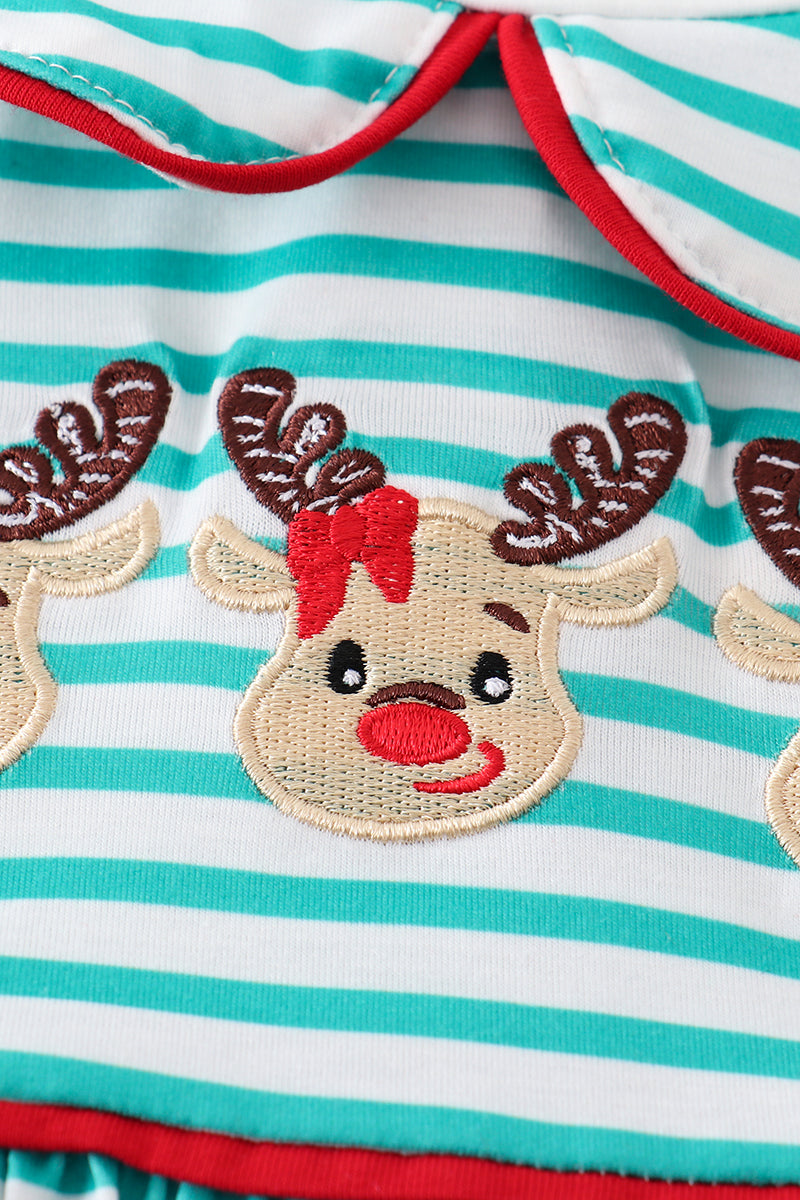Green stripe christmas deer embroidery dress