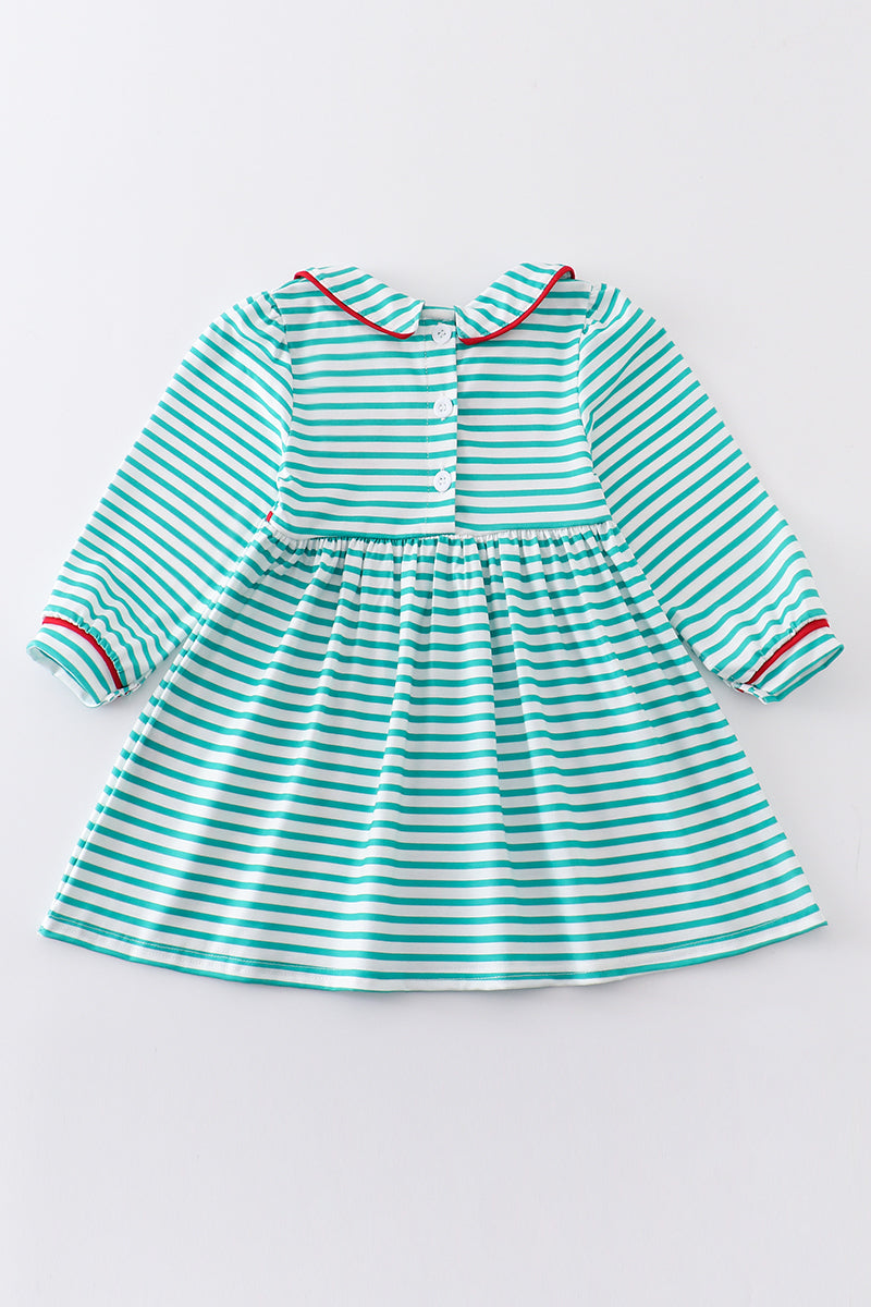 Green stripe christmas deer embroidery dress