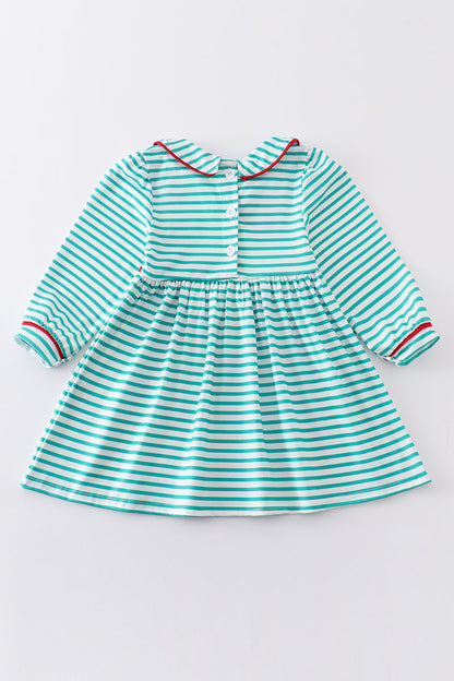 Green stripe christmas deer embroidery dress