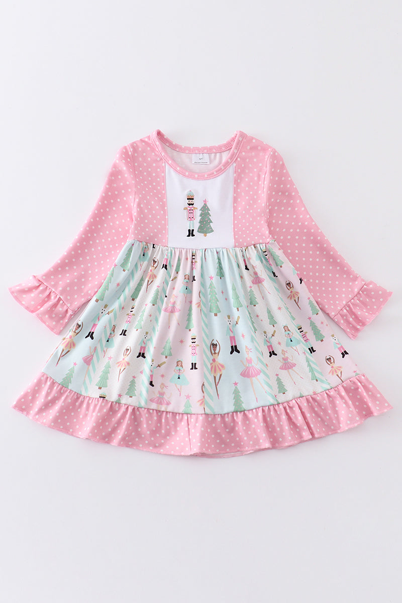 Pink nutcraker embroidery ruffle dress
