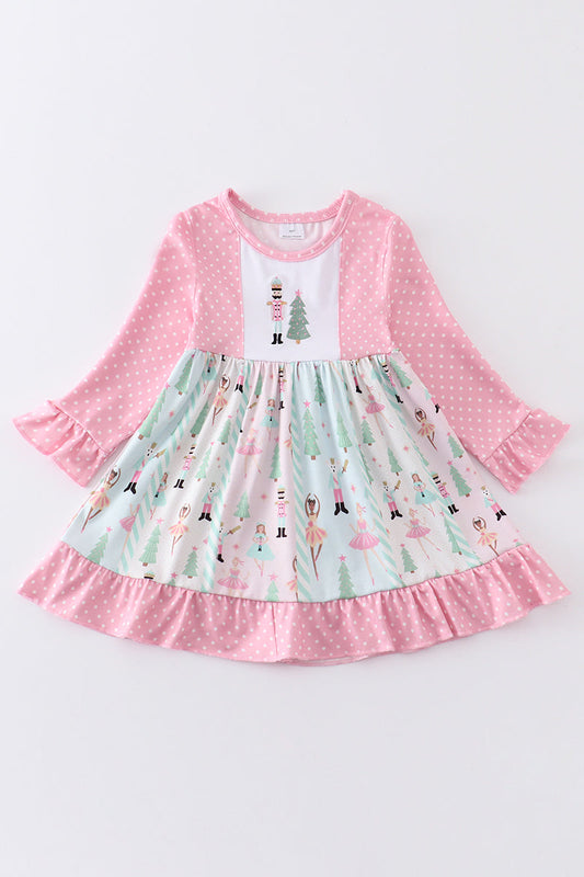 Pink nutcraker embroidery ruffle dress