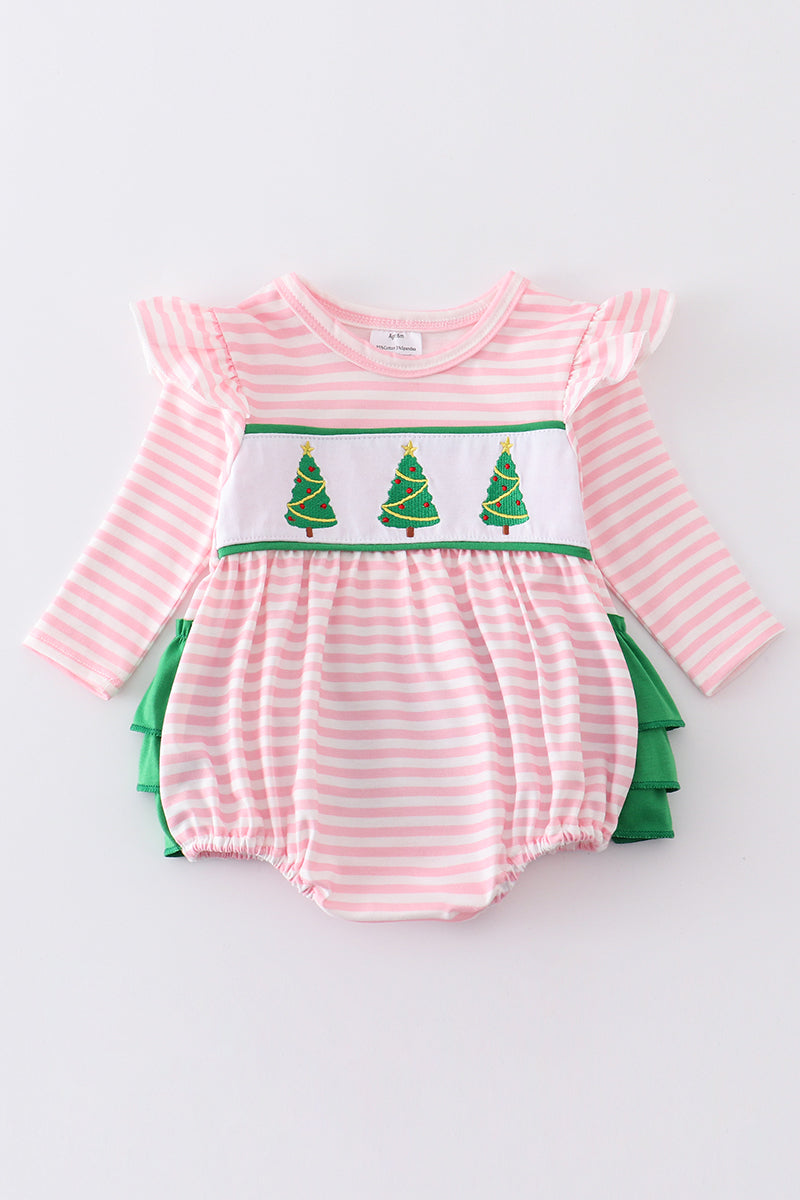 Pink christmas tree embroidery stripe ruffle bubble