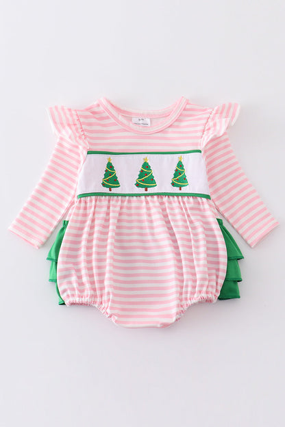 Pink christmas tree embroidery stripe ruffle bubble