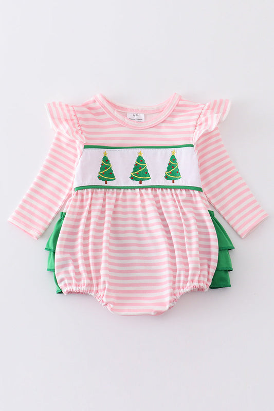 Pink christmas tree embroidery stripe ruffle bubble
