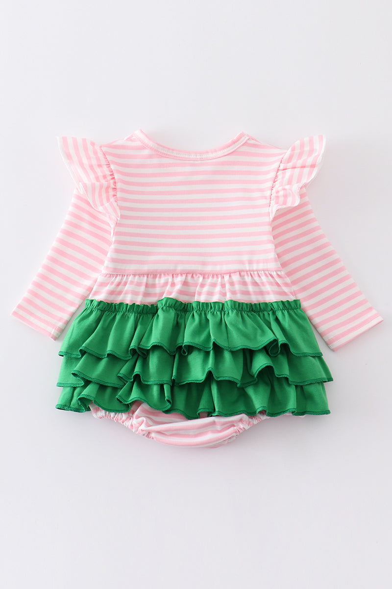 Pink christmas tree embroidery stripe ruffle bubble