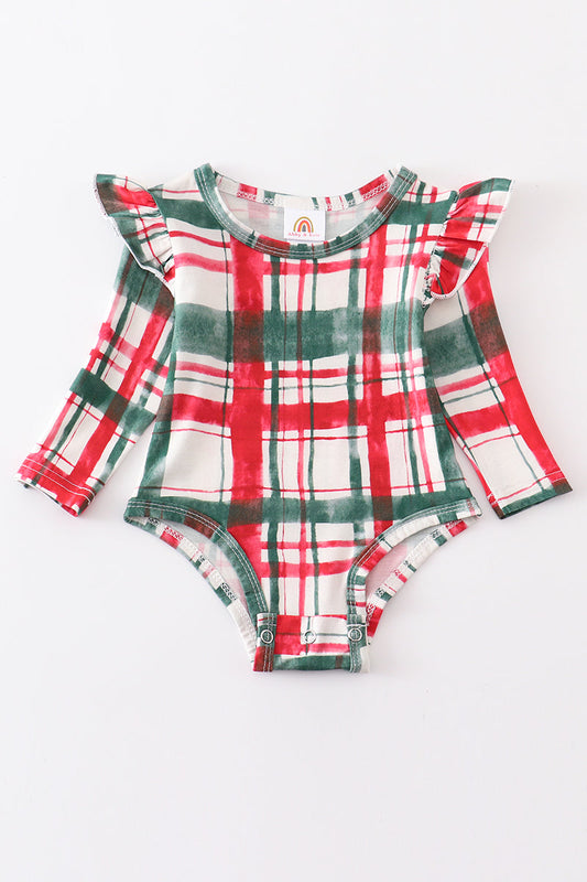 Green plaid ruffle  bamboo baby onesie
