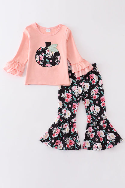 Floral print pumpkin applique girl set