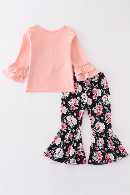 Floral print pumpkin applique girl set