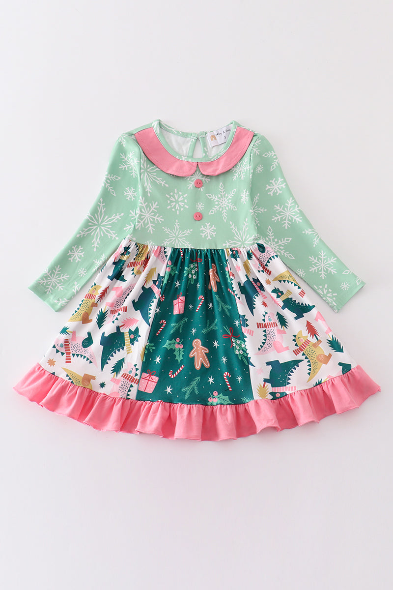 Green floral print ruffle dress
