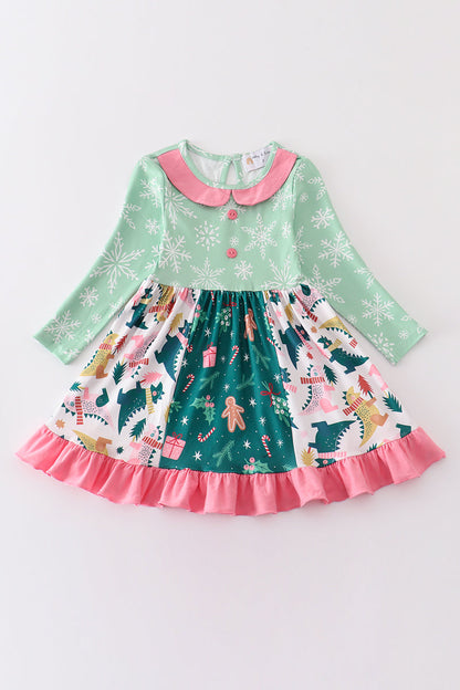 Green floral print ruffle dress