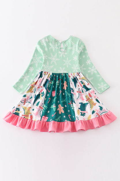 Green floral print ruffle dress