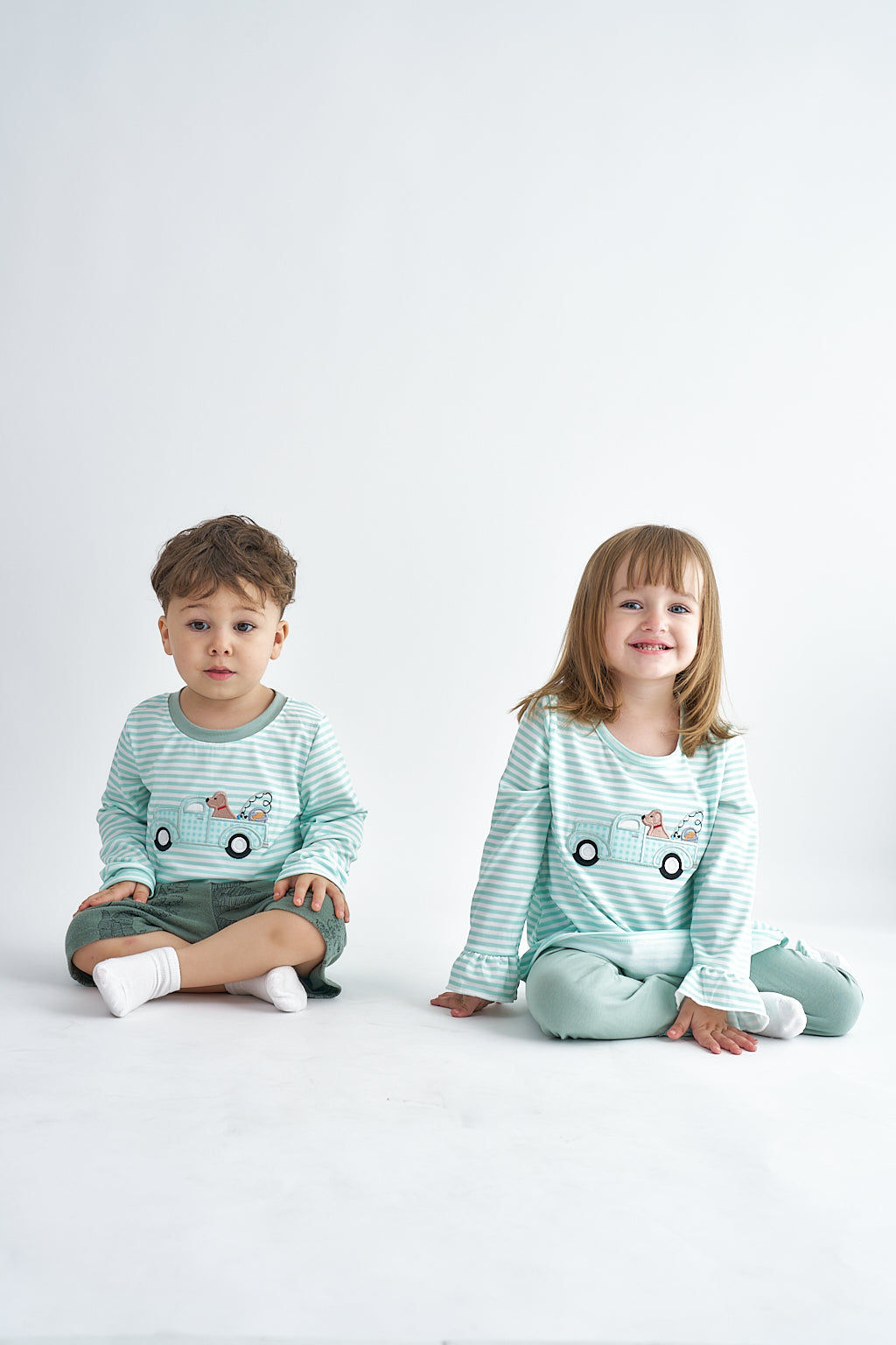 Truck and dog applique stripe boy top