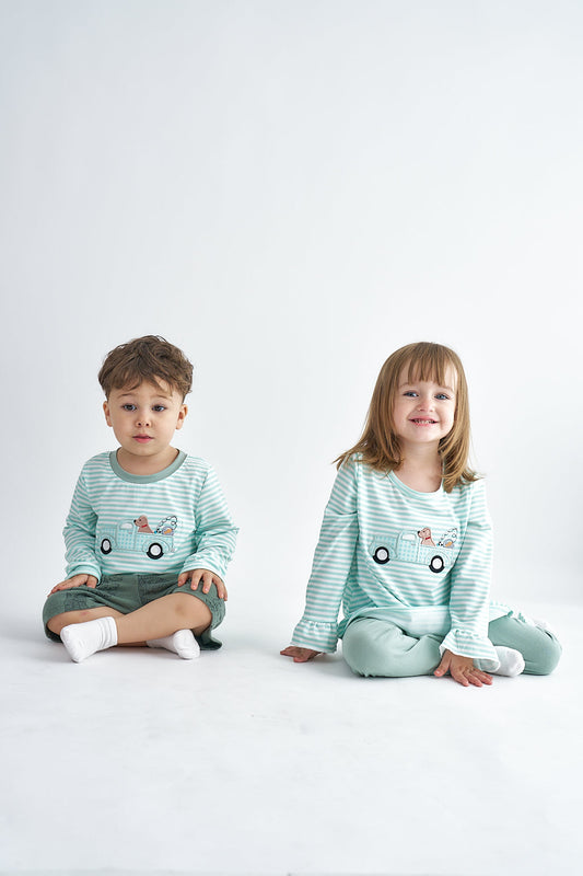 Truck and dog applique stripe boy top