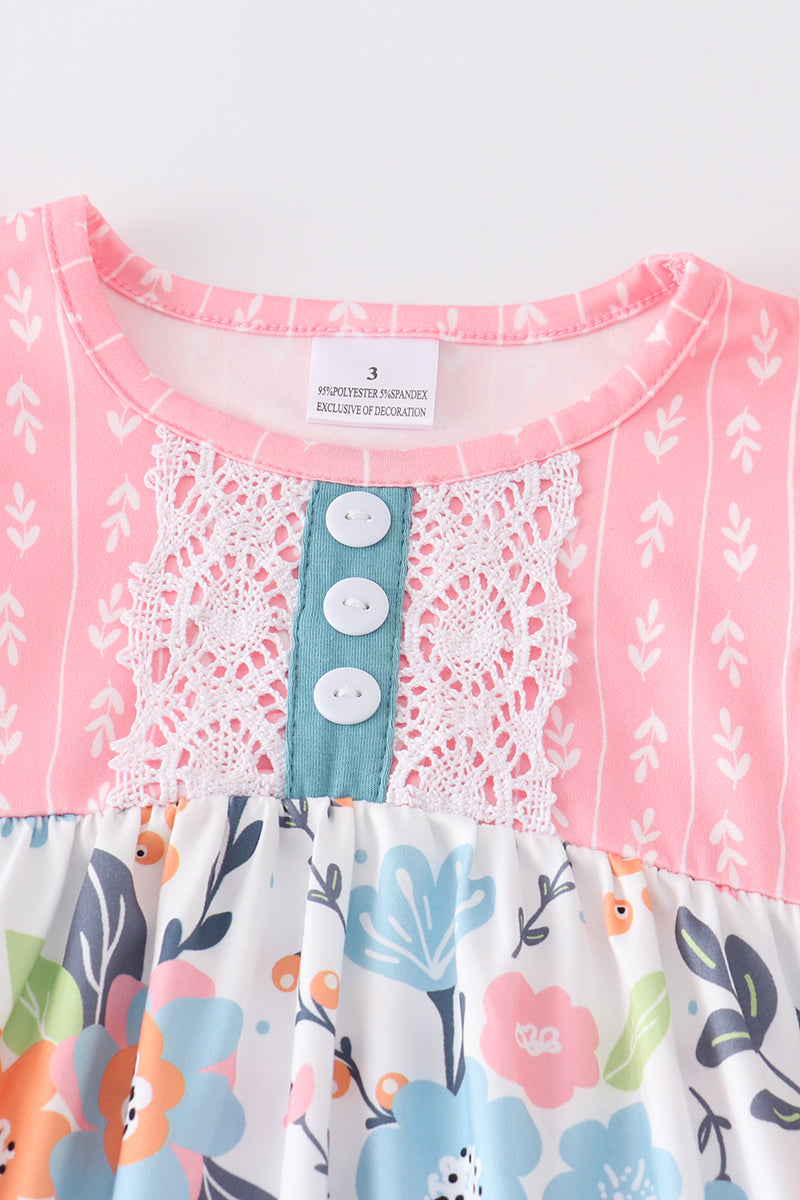 Pink floral print ruffle girl pant set