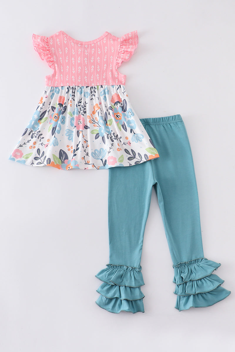 Pink floral print ruffle girl pant set