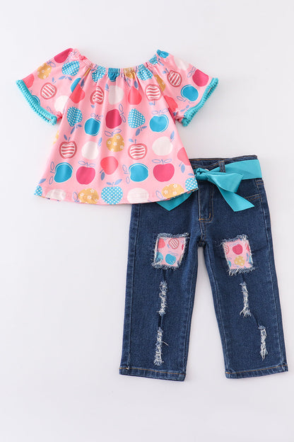 Pink apple print denim pant set