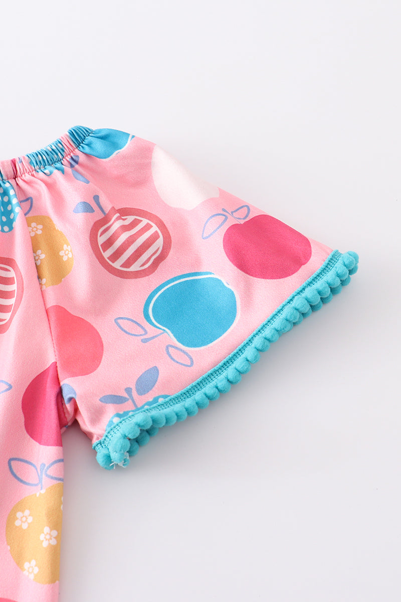 Pink apple print denim pant set
