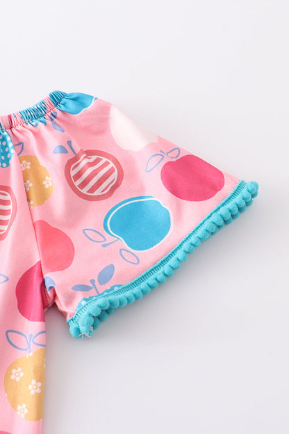 Pink apple print denim pant set
