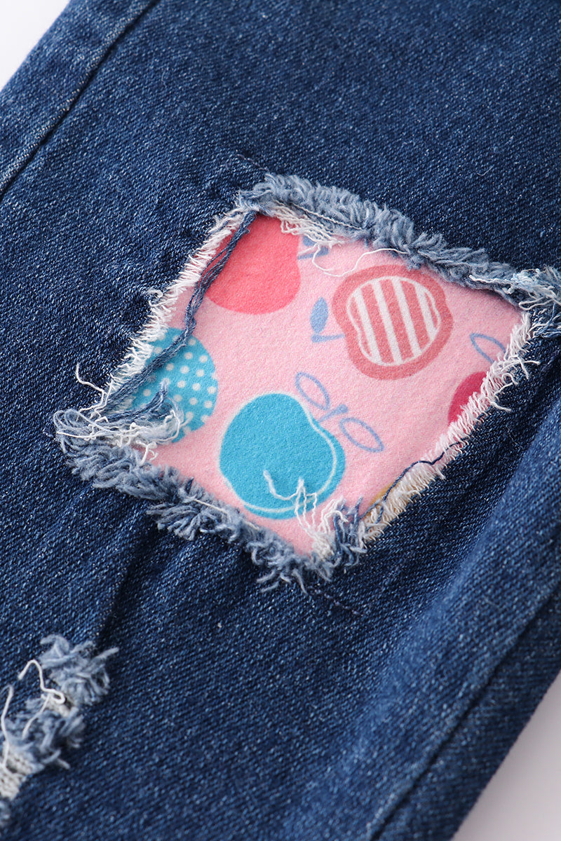 Pink apple print denim pant set