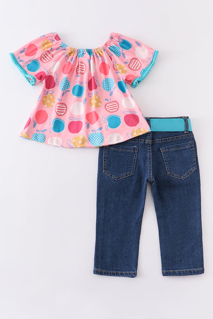 Pink apple print denim pant set