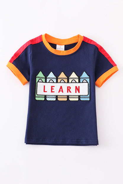 Navy back to school crayon "LEARN" boy top