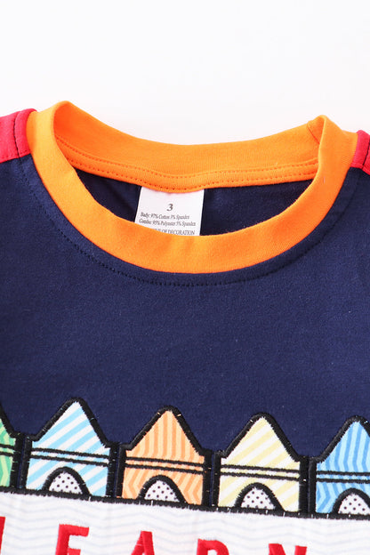 Navy back to school crayon "LEARN" boy top