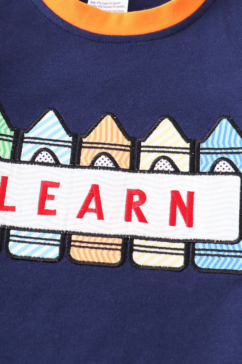 Navy back to school crayon "LEARN" boy top